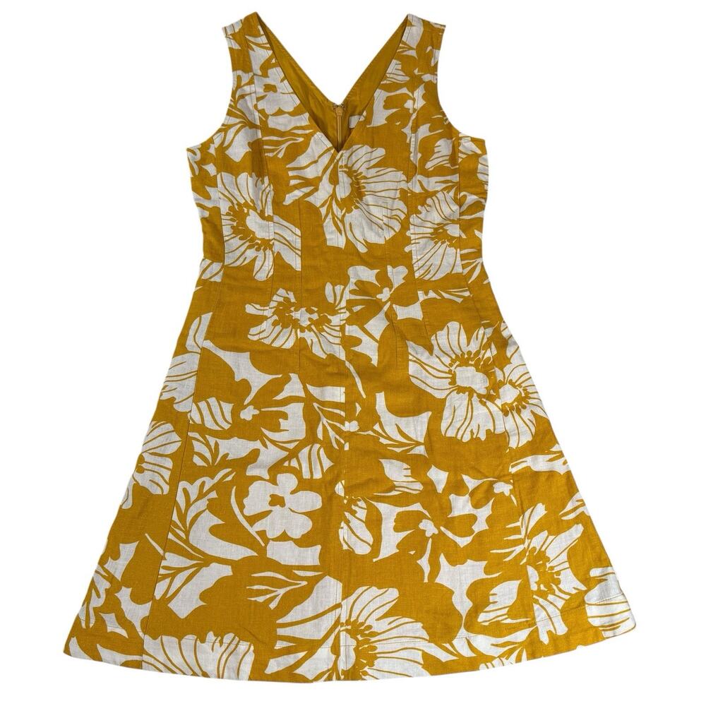 Banana Republic Linen Blend Floral Dress Mustard Yellow White Size 4 Tall